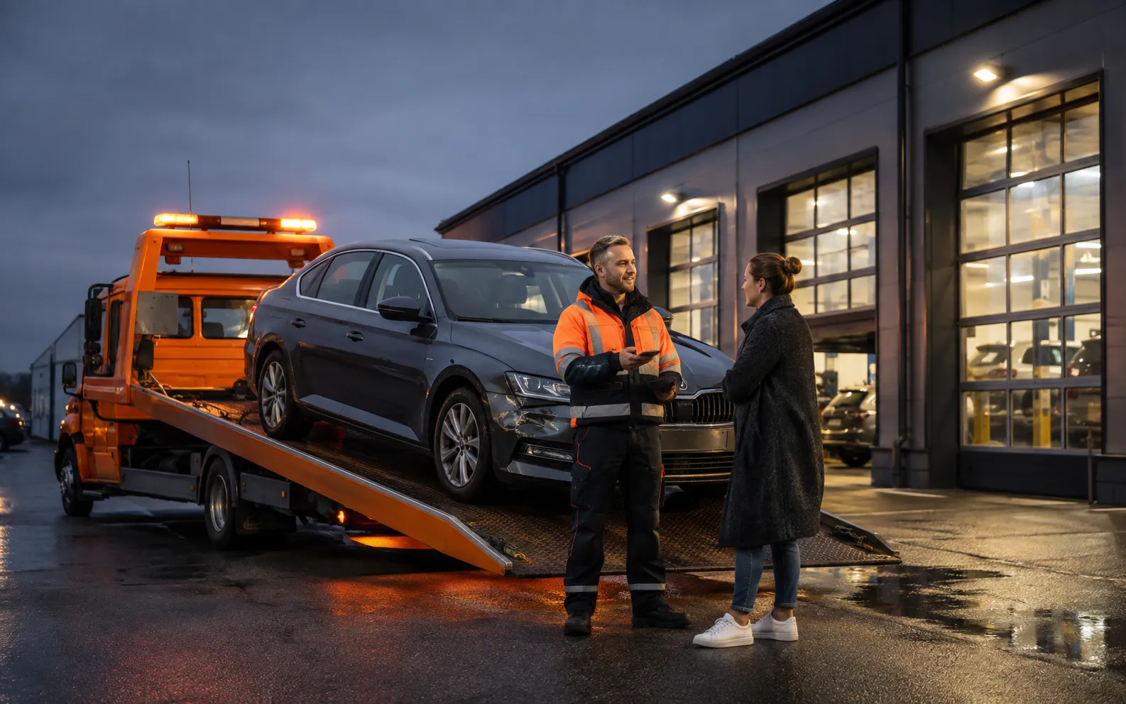 Puksiirauto viib avariilise sõiduauto Tallinna remonditöökotta